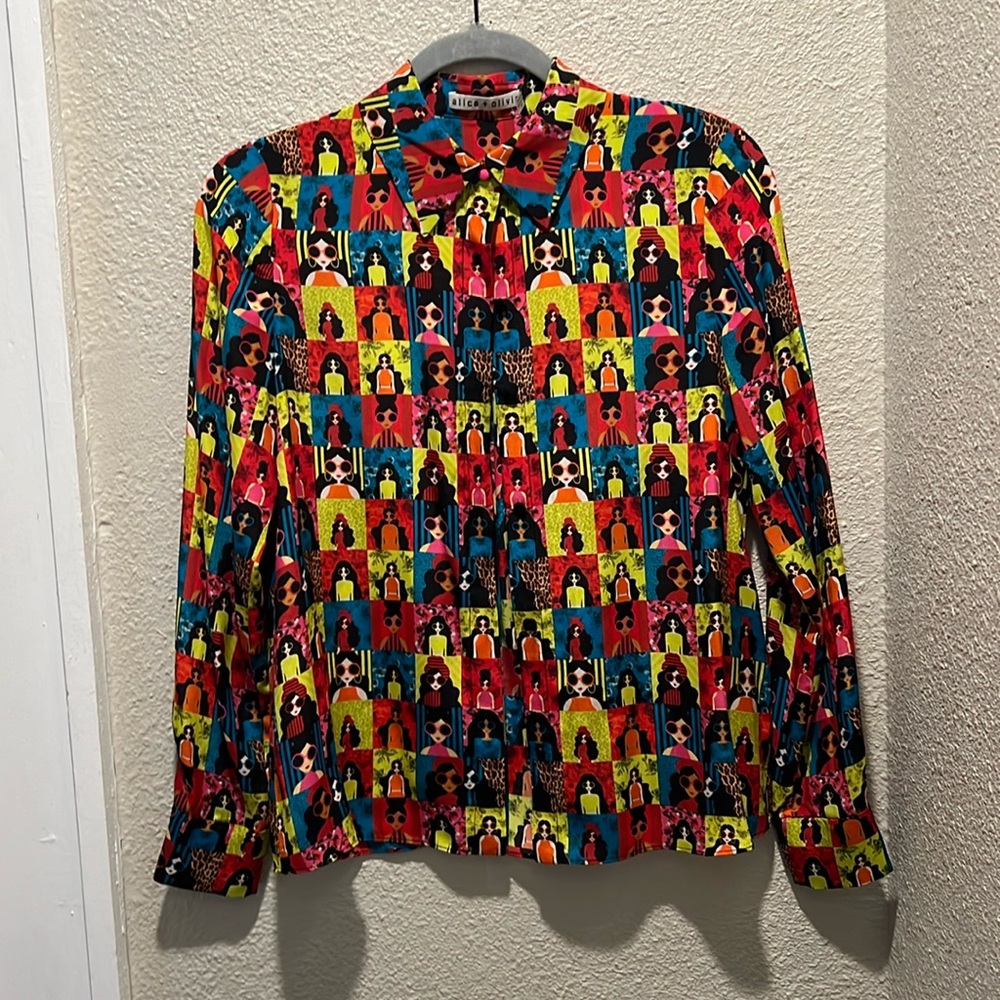 NEW Alice + Olivia Willa Rainbow Stace Face Silk l/s Blouse XS